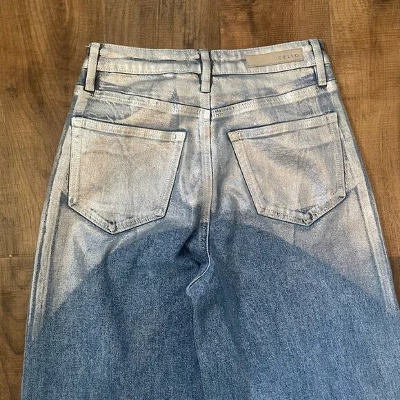 Cello High Rise Wide Leg Jeans Metallic Raw Hem Distressed Size 1 - Picture 7 of 8